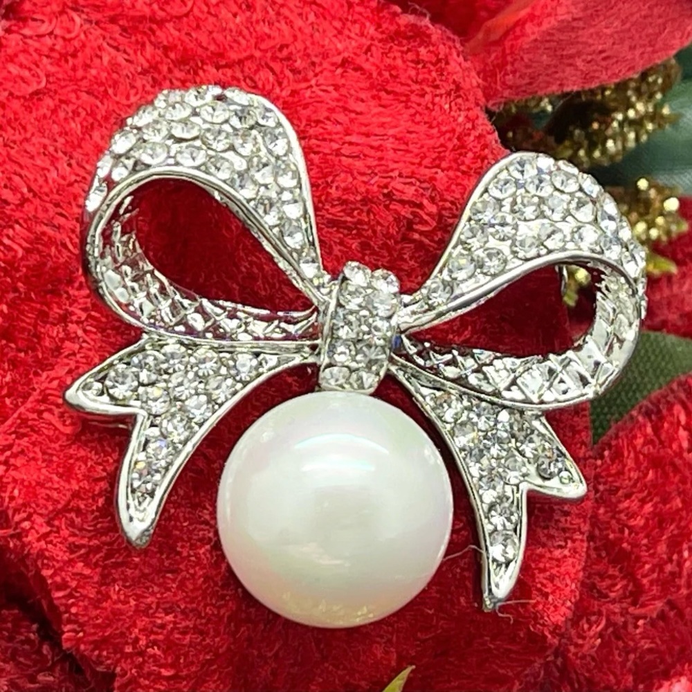 Silver Bow Brooch Rhinestone Bow Pin